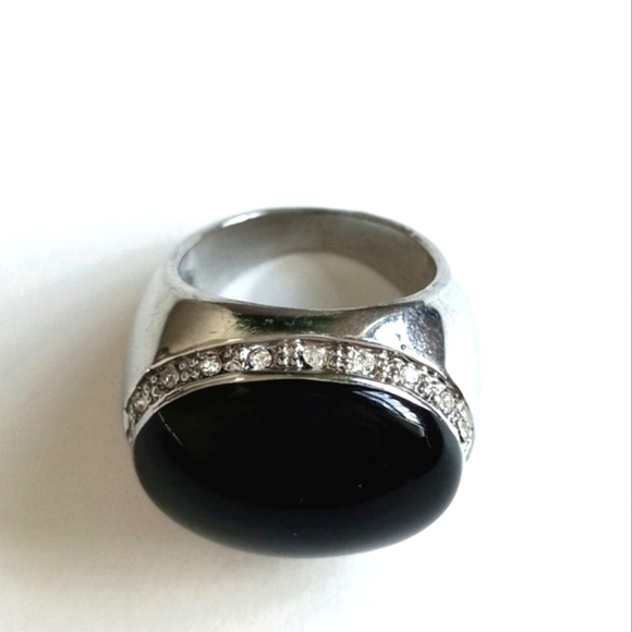 Vintage Onyx Cabochon & Rhinestone Art Deco Ring Size 7 - Picture 6 of 16